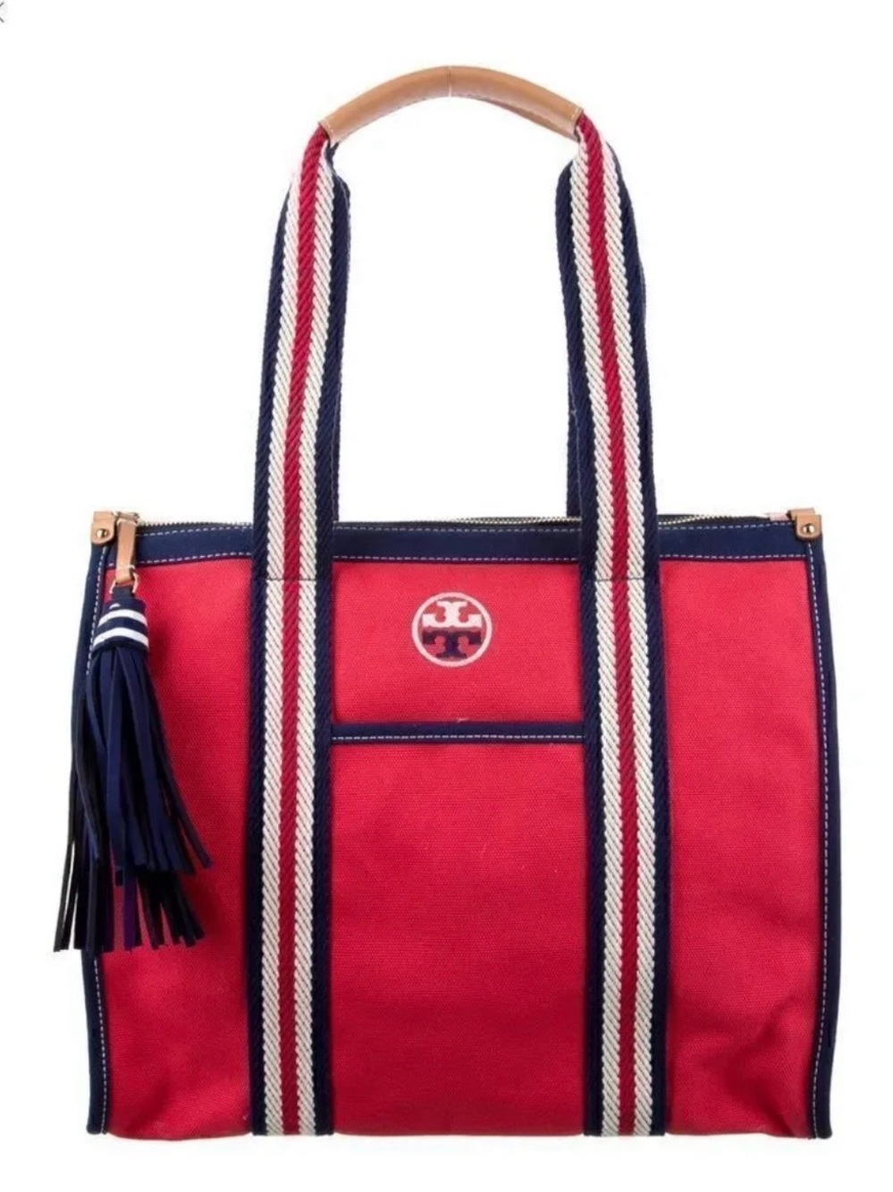Tory Burch Red Canvas Tote with Navy Trim and Striped Straps